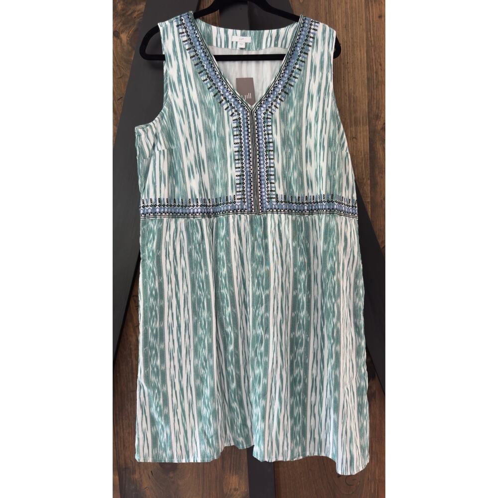 J Jill NWT 100% Cotton Shift Dress Embroidered Ikat Coastal Pockets Size L